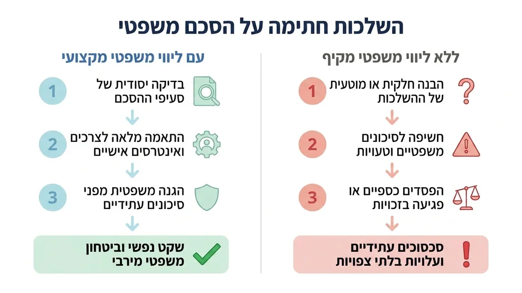 אחרי הפסקה המדברת על הסכנות בחתימה על הסכם ללא ליווי משפטי מקיף. חתימה על מסמכים משפטיים