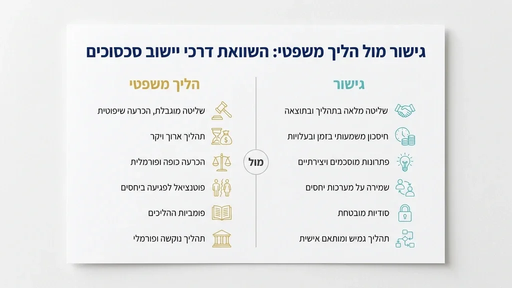 אחרי הכותרת העוסקת בתפקידו של עורך דין כמגשר עריכת מסמכים משפטיים והסכמי גירושין