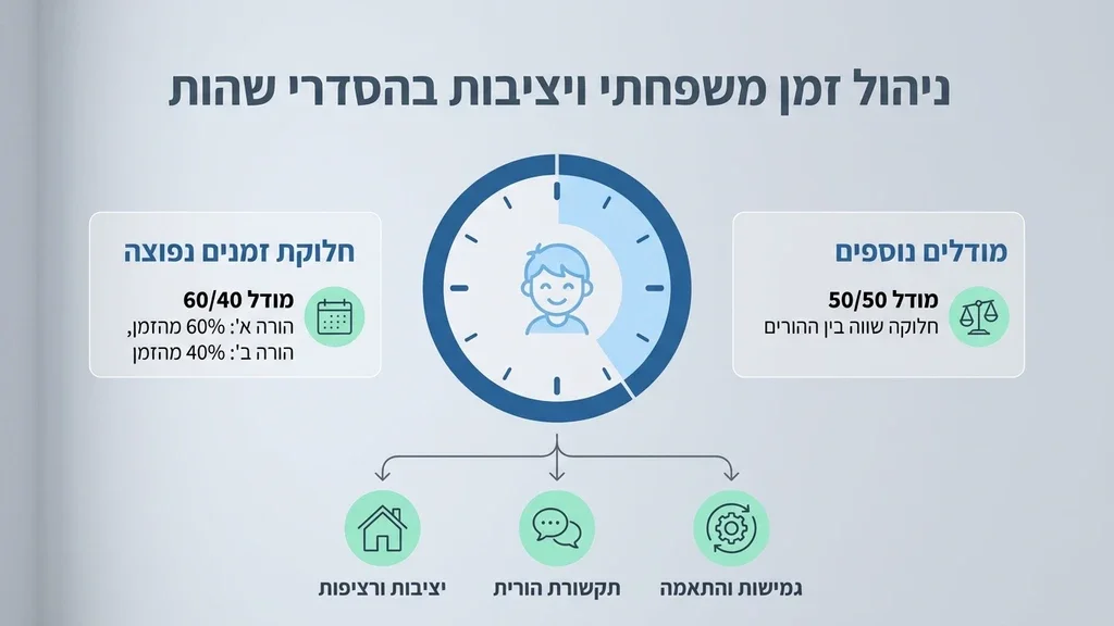 שעון חול וצעצועי ילדים המסמלים את חלוקת הזמן והיציבות בחיי המשפחה