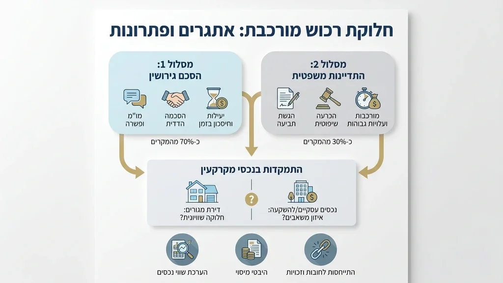 מאזני צדק ולצידם מודל של בית המייצגים חלוקת רכוש ודיני מקרקעין בגירושין