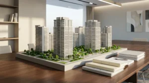 מודל אדריכלי של בניין מגורים חדש בפרויקט התחדשות עירונית